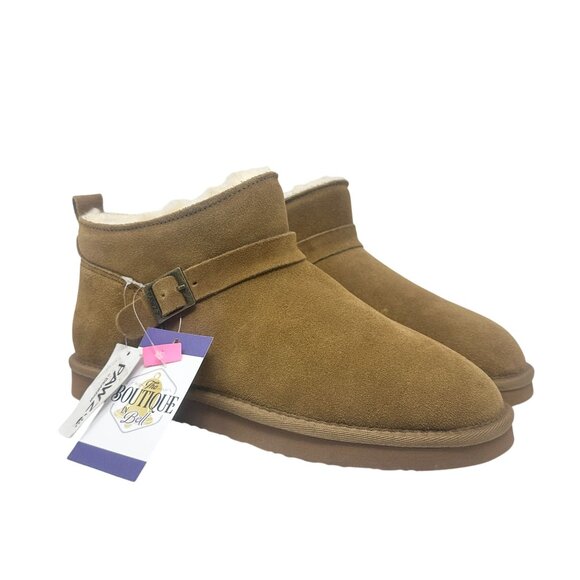 Bearpaw Slip-On Ankle Boots Womens 11 Pawz Brown Suede Leather Buckle NWT Cozy - Picture 1 of 16
